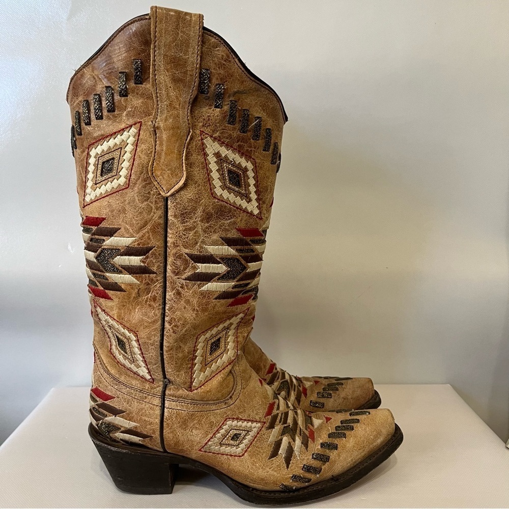 Corral Western Cowboy Boots Embroidered Southwest Tan Red Aztec
